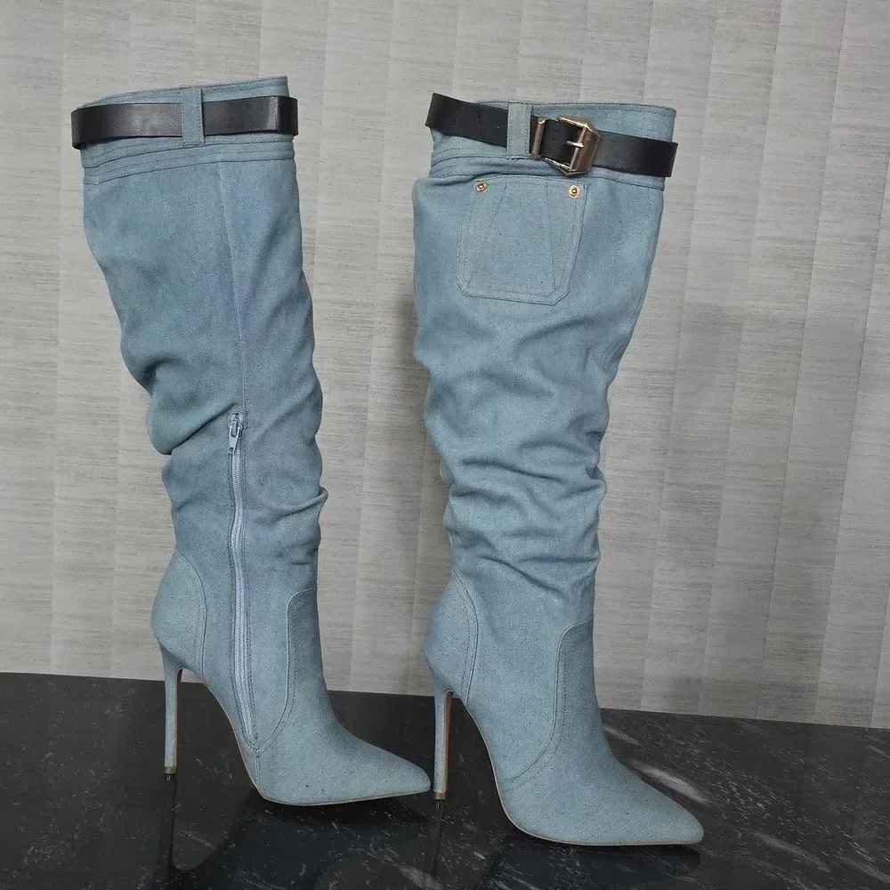 BRAND NEW SHOEDAZZLE BUCKLE OVER THE KNEE STILETTO HEEL WOMENS SLOUCH BOOTS